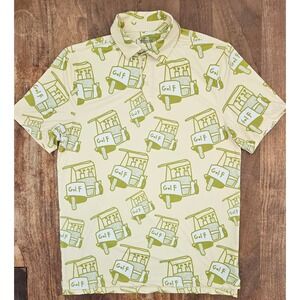 Sosik Polo Shirt Mens Large Yellow Golf Cart Print Short Sleeve Performance